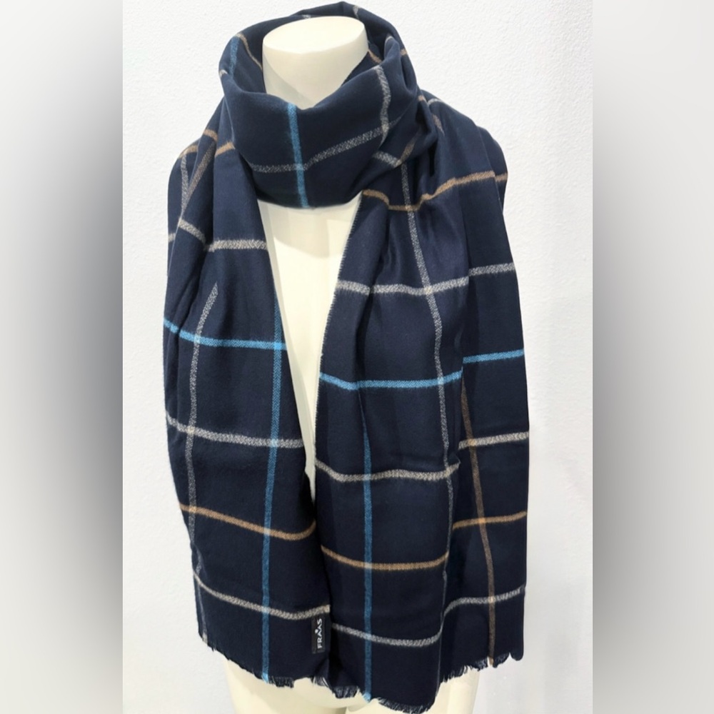 FRAAS Navy Blue Plaid Scarf Windowpane Check Soft Acrylic Fringe 14x80 Unisex